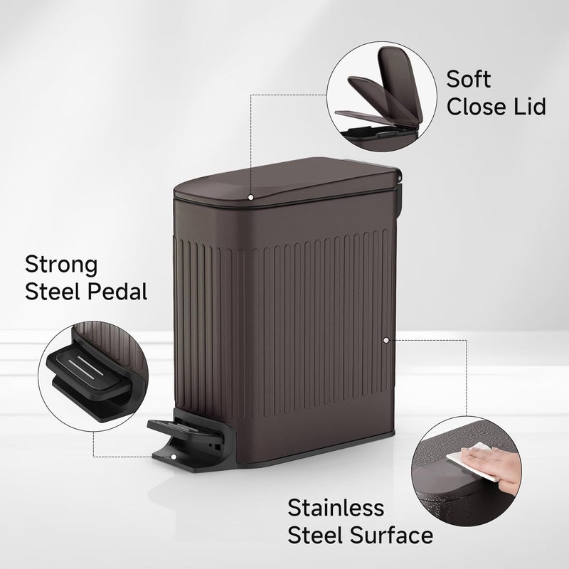 TIPGO Slim Bathroom Trash Can with Lid Soft Close, Step Pedal, 6 Liter / 1.6 Gallon Stainless Steel Trash Bin, Small Garbage Cans for Bedroom, Office, Kitchen (Brown) - Image 2